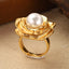 Classical French Style Floral Imitation Pearl 18K Gold Plated Women's Adjustable Ring