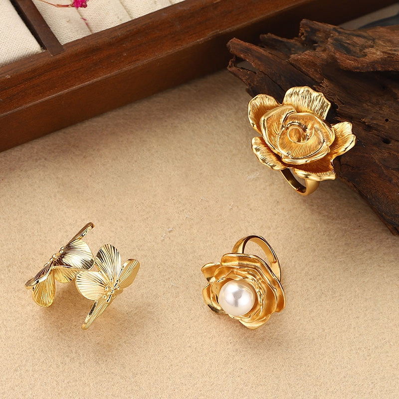 Classical French Style Floral Imitation Pearl 18K Gold Plated Women's Adjustable Ring