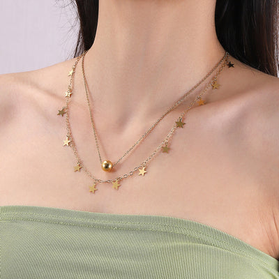 Classical Romantic 18K Gold Plated Stainless Steel Double Layer Star Pendant Necklace