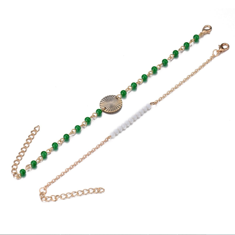 European American Fashion Circle Tassel Beaded Bracelet Set - White & Green Contrast