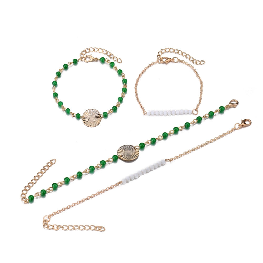 European American Fashion Circle Tassel Beaded Bracelet Set - White & Green Contrast