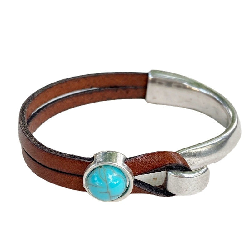 Commute Bohemian Turquoise Alloy Inlay Unisex Leather Bangle Bracelet