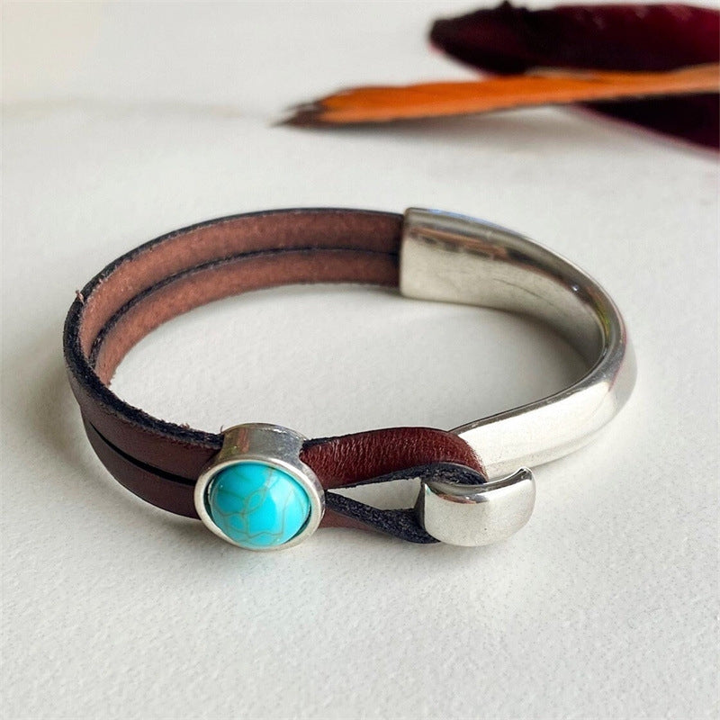 Commute Bohemian Turquoise Alloy Inlay Unisex Leather Bangle Bracelet