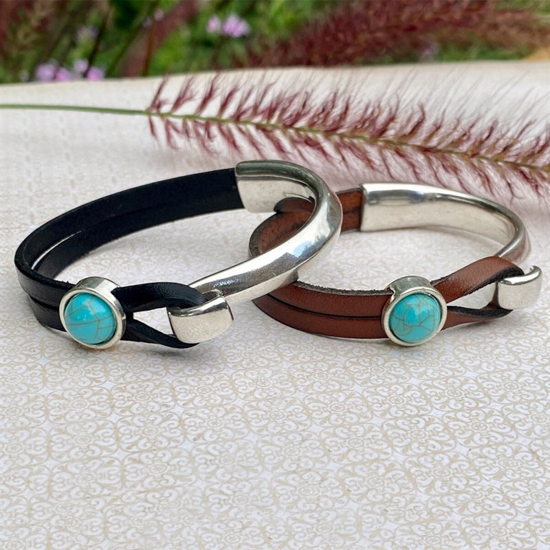 Commute Bohemian Turquoise Alloy Inlay Unisex Leather Bangle Bracelet