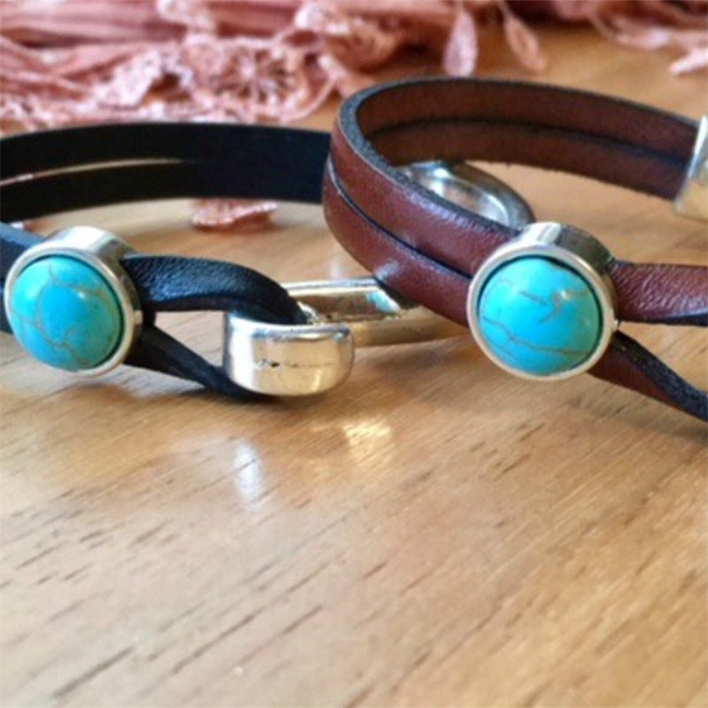 Commute Bohemian Turquoise Alloy Inlay Unisex Leather Bangle Bracelet