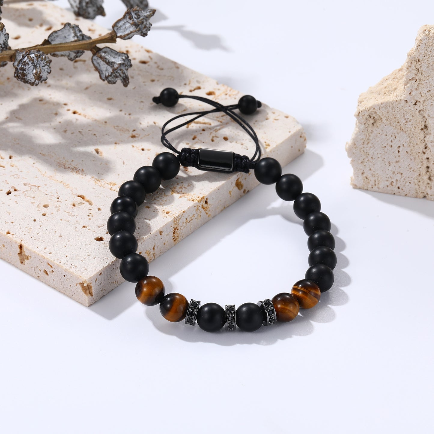 Tiger Eye Beaded Men's Bracelet - Woven Design Gift for Him