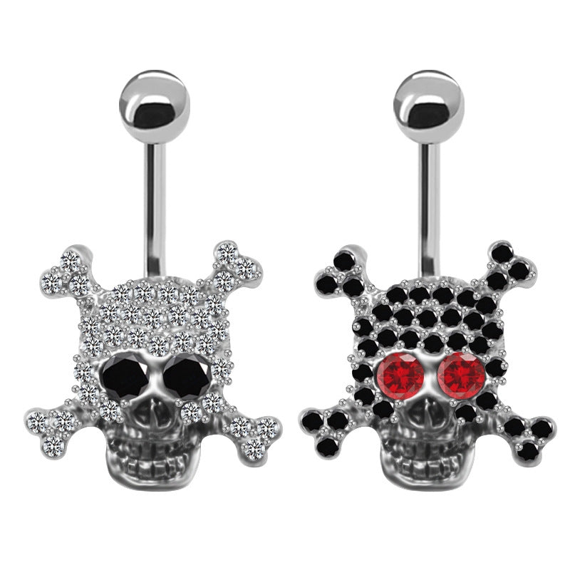 Cool Skull Stainless Steel Belly Ring with Rhinestones and Epoxy Inlay