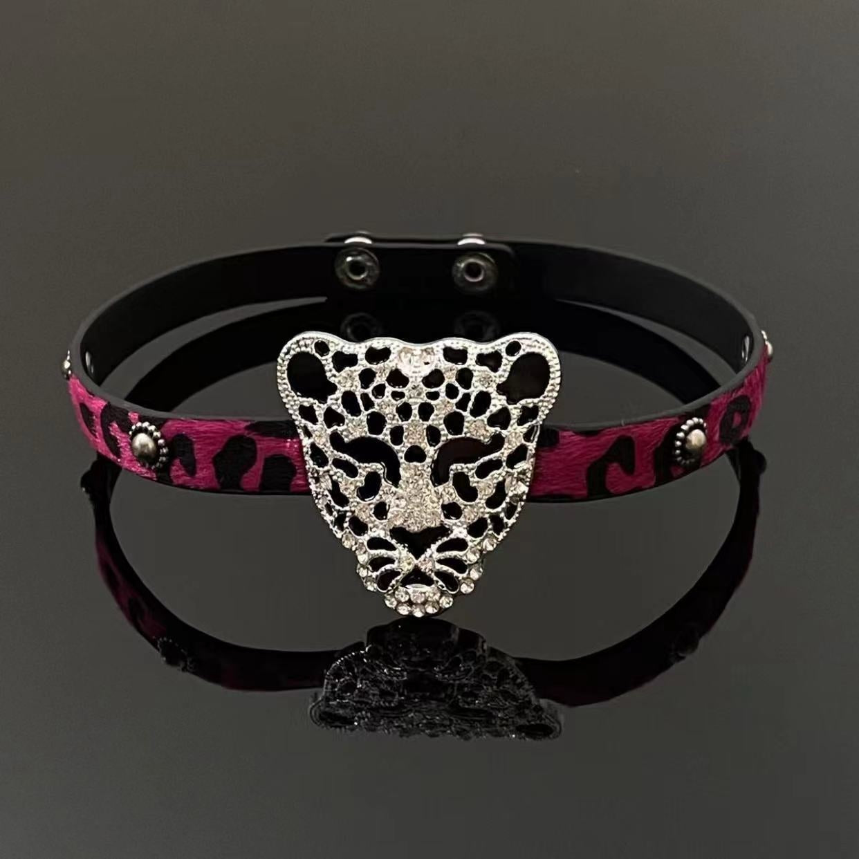 Cool Style Pink Leopard Head PU Leather Women's Choker Necklace