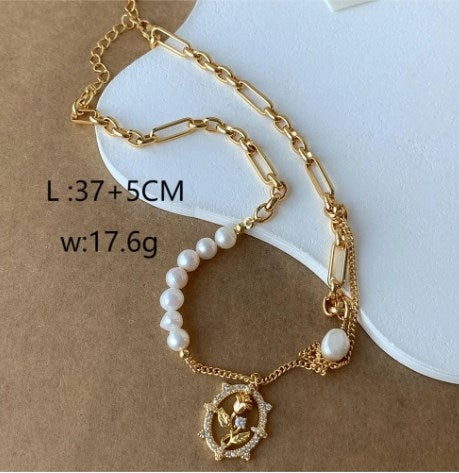 18K Gold Plated Artistic Rose Pearl and Zircon Necklace Bracelet Set