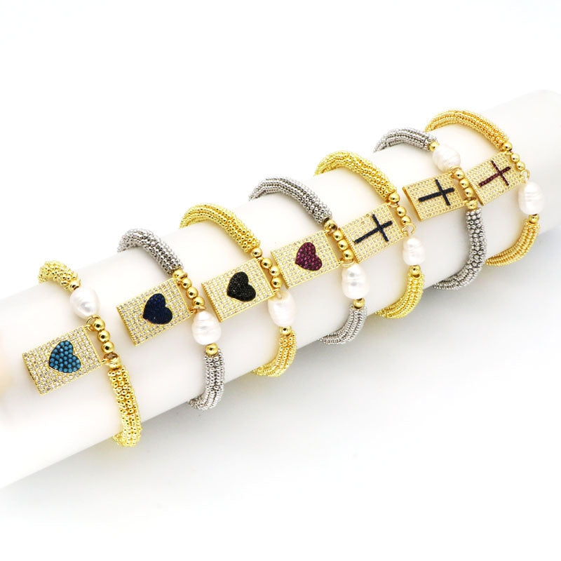 18K Gold Plated Vintage Cross Heart Zircon Bracelet