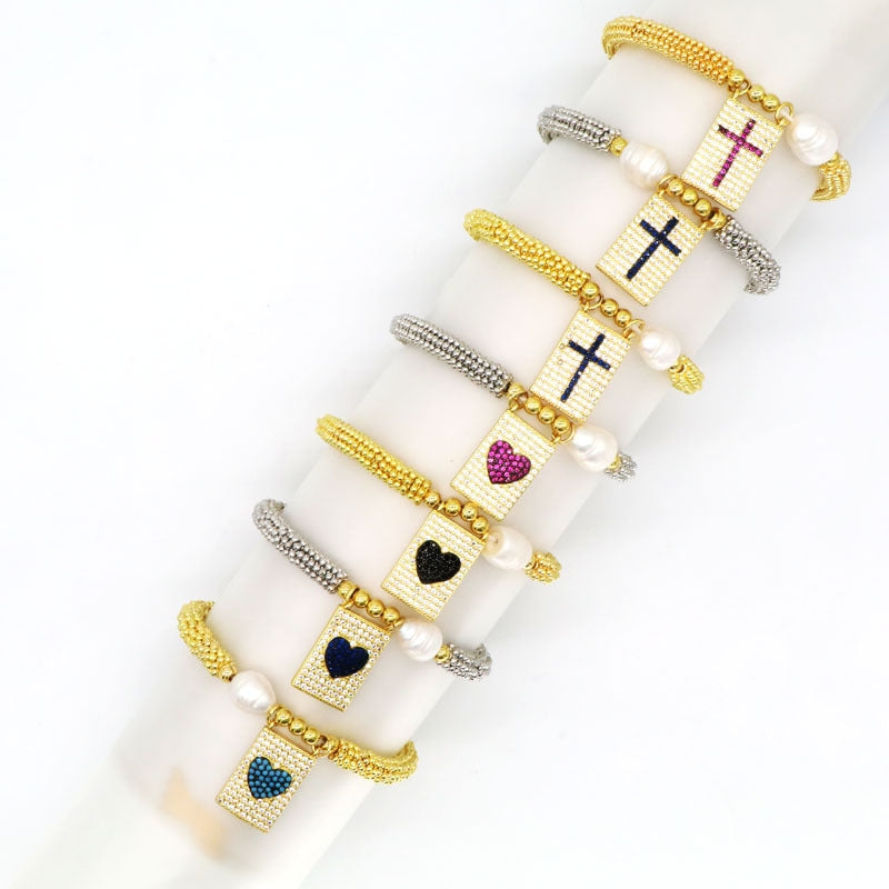 18K Gold Plated Vintage Cross Heart Zircon Bracelet