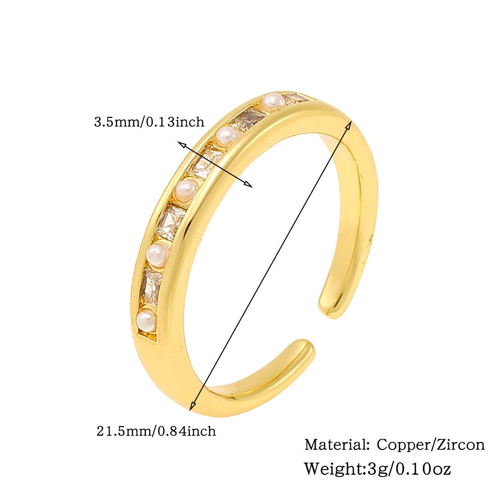 18K Gold Plated Geometric Pearl Zircon Open Ring