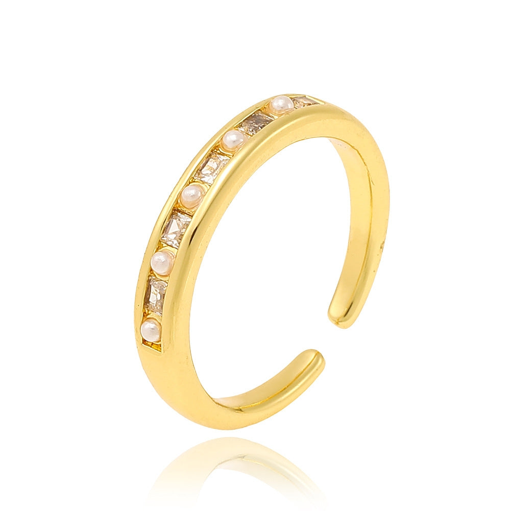 18K Gold Plated Geometric Pearl Zircon Open Ring