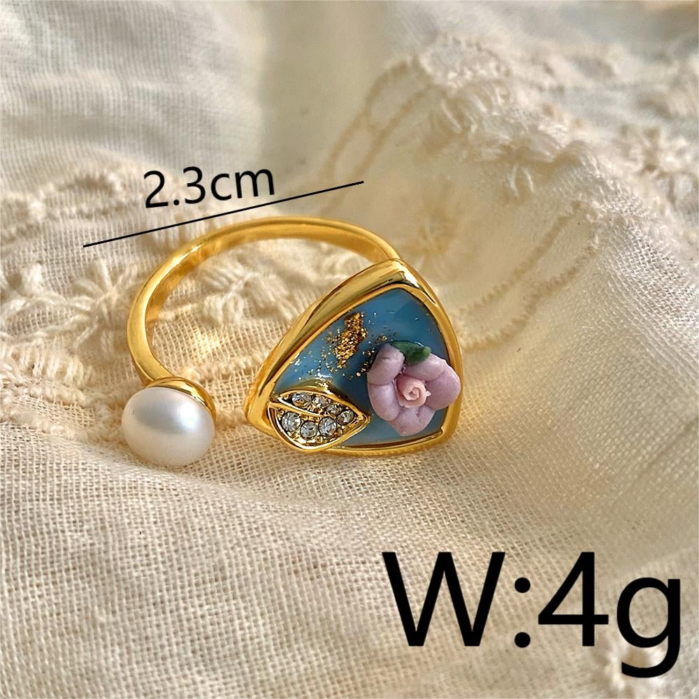 18K Gold Plated Baroque Pearl Blue Enamel Flower Open Ring