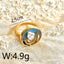 18K Gold Plated Baroque Pearl Blue Enamel Flower Open Ring