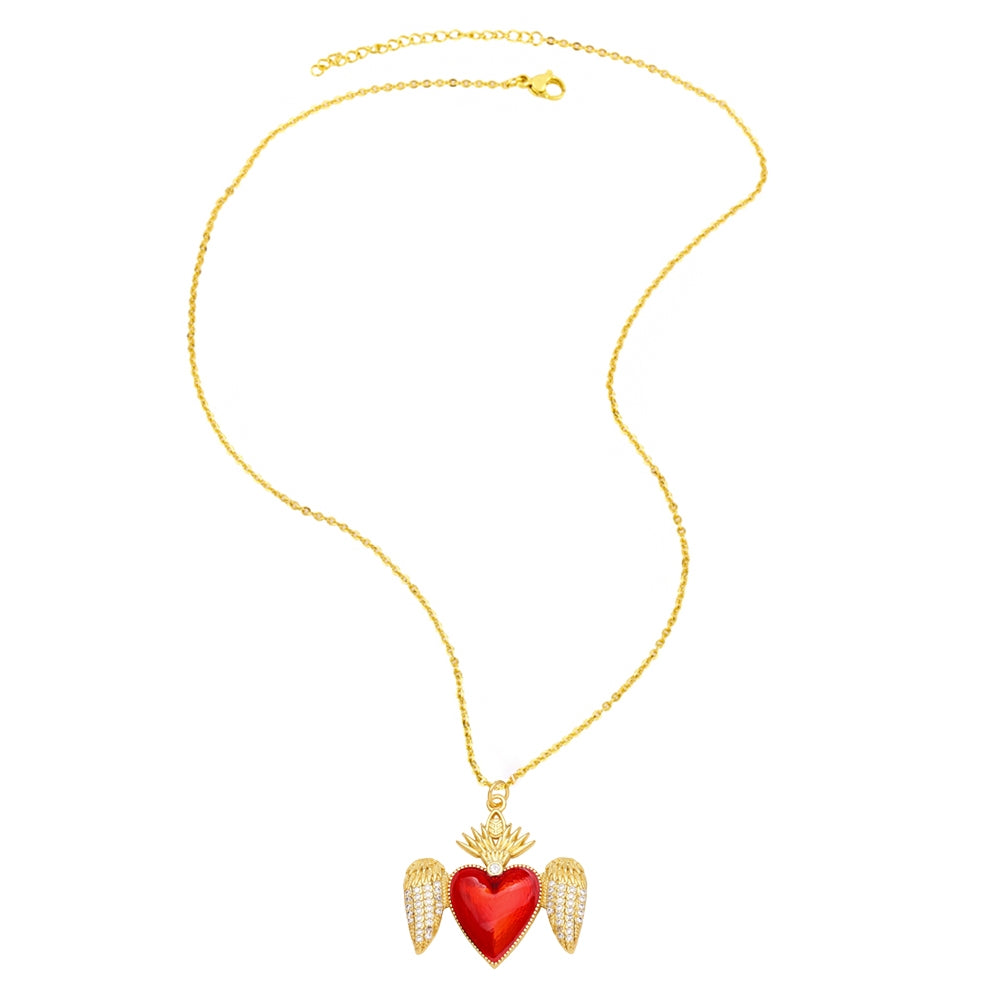 18K Gold Plated Heart Shape Zircon Wing Pendant Necklace