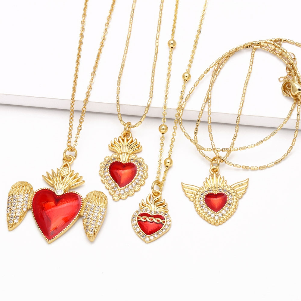 18K Gold Plated Heart Shape Zircon Wing Pendant Necklace