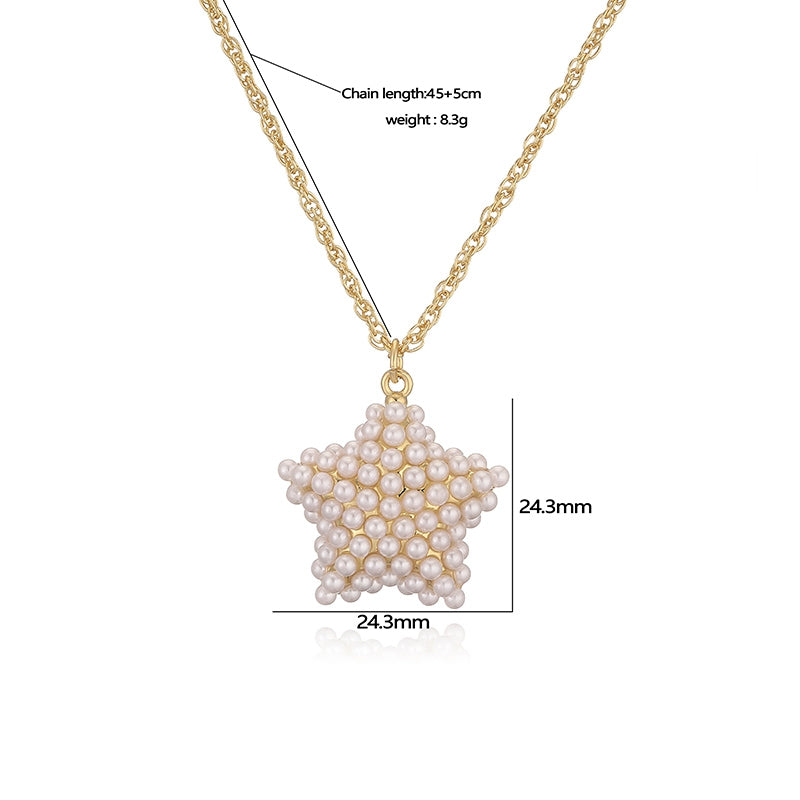 Copper 18K Gold Plated Heart and Star Pendant Necklace with Artificial Pearls