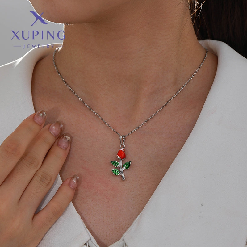 18K Gold Plated Enamel Rose Flower Pendant Necklace