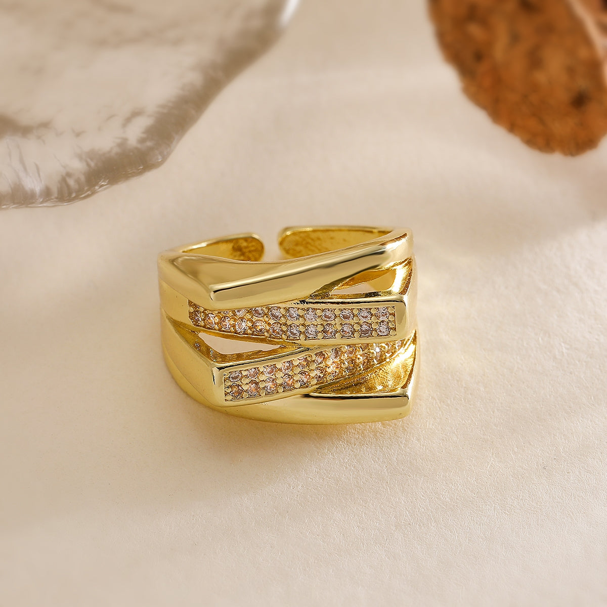 18K Gold Plated Geometric Zircon Open Ring for Women