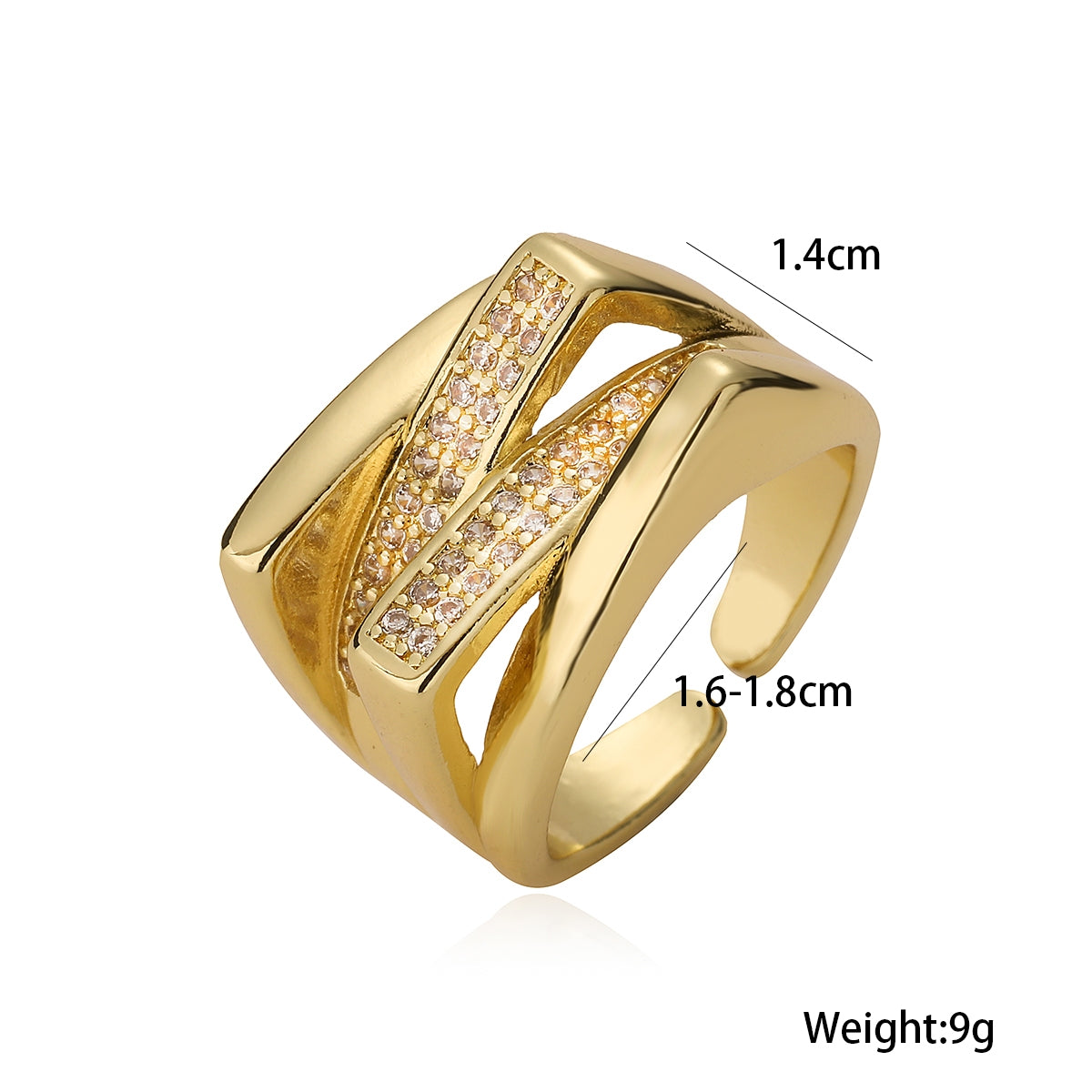 18K Gold Plated Geometric Zircon Open Ring for Women