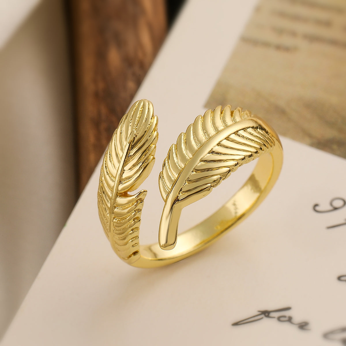 18K Gold Plated Vintage Feather Open Ring