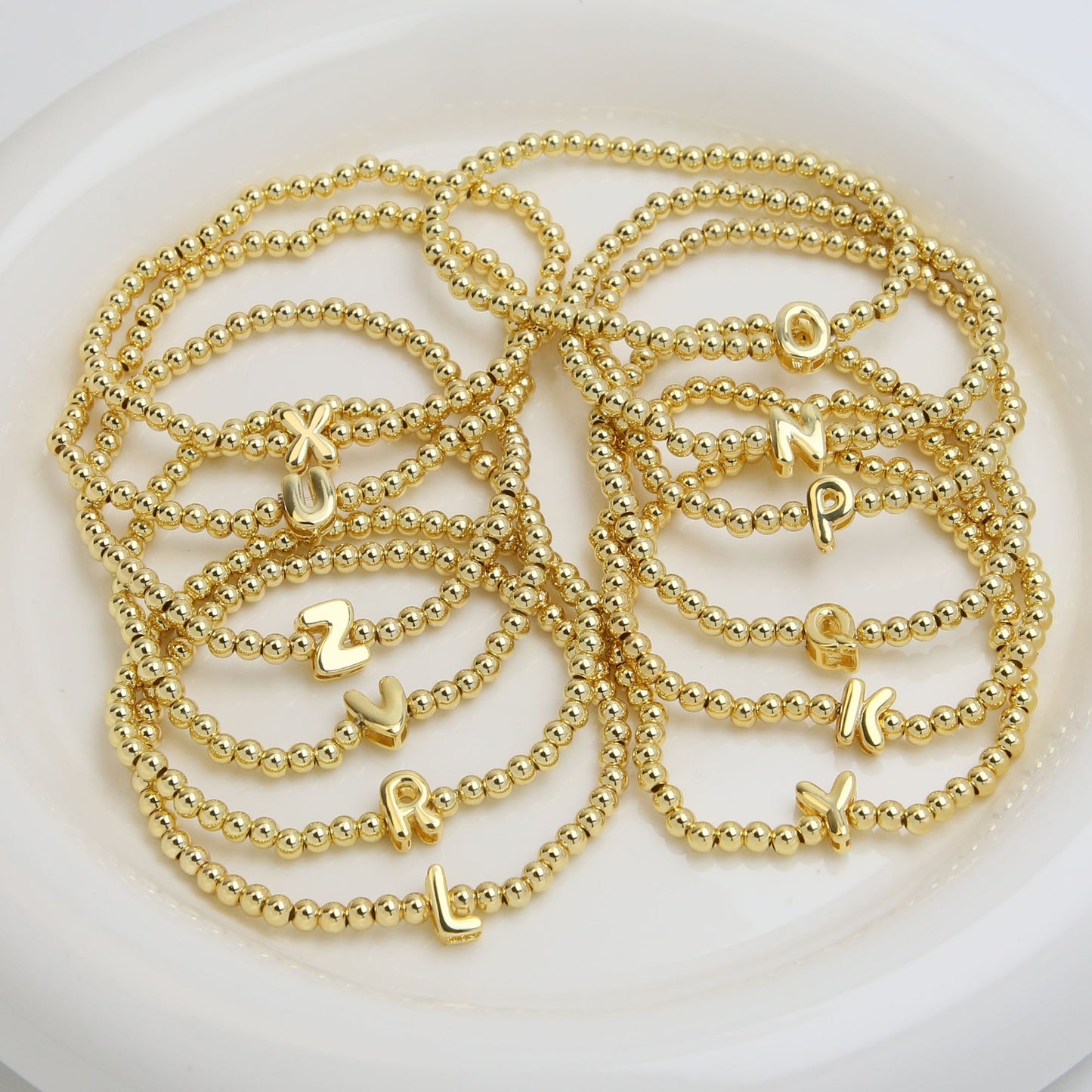 18k Gold Plated Copper Beaded Alphabet Stretch Bracelet