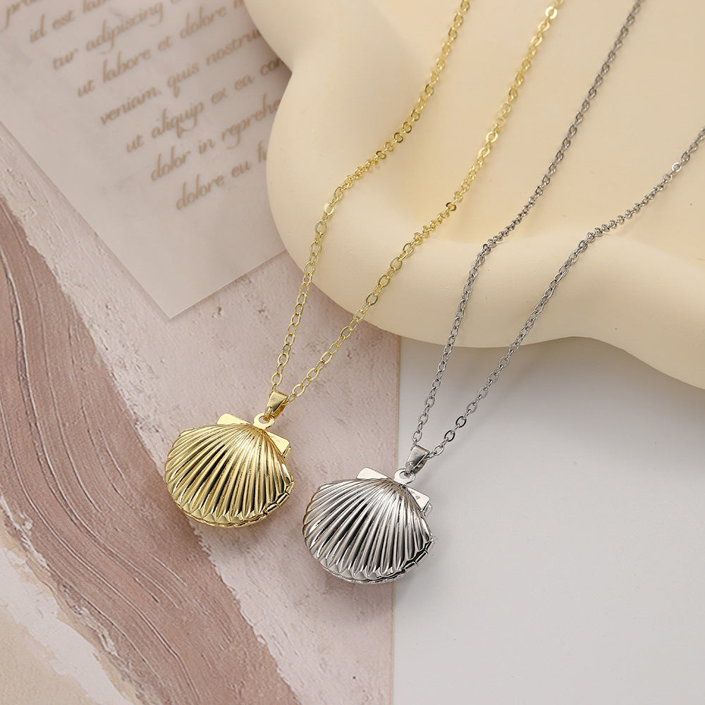 Copper Beach Shell Locket Pendant Necklace in Silver and Gold Stainless Steel