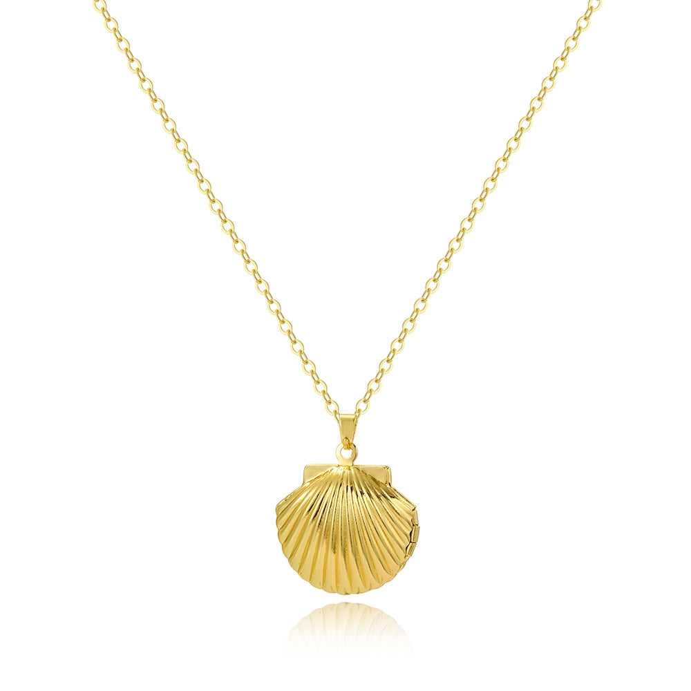 Copper Beach Shell Locket Pendant Necklace in Silver and Gold Stainless Steel