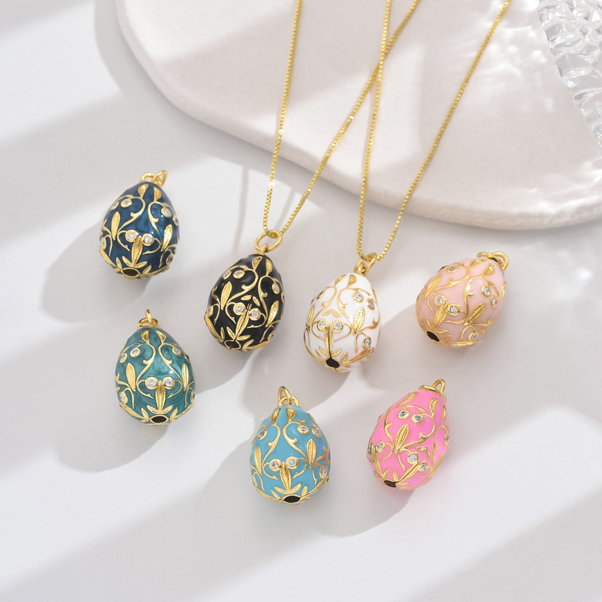 Copper Enamel Dinosaur Egg Pendant Necklace with Gold Plating