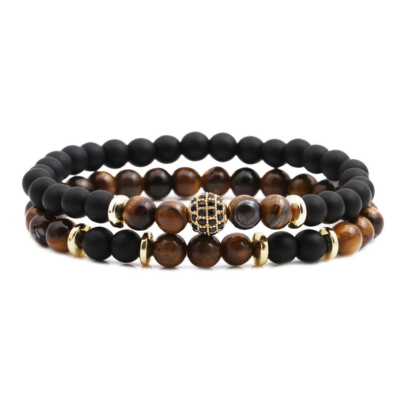 Copper Geometric Tiger Eye Bracelet with Zircon Bead Double Layer