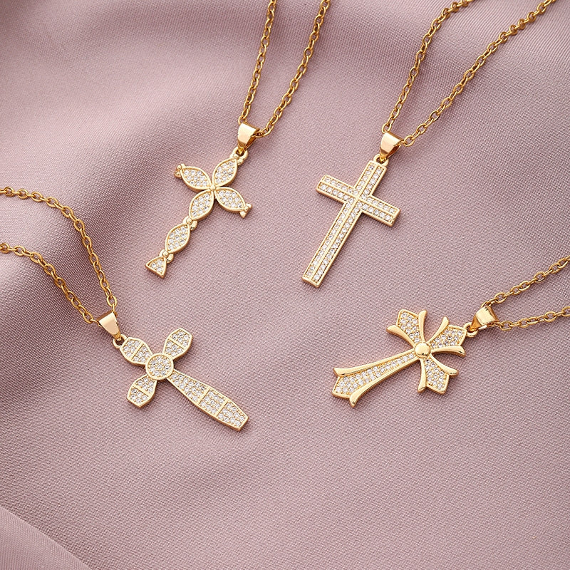 Copper Plated Zircon Cross Pendant Necklace for Men and Women