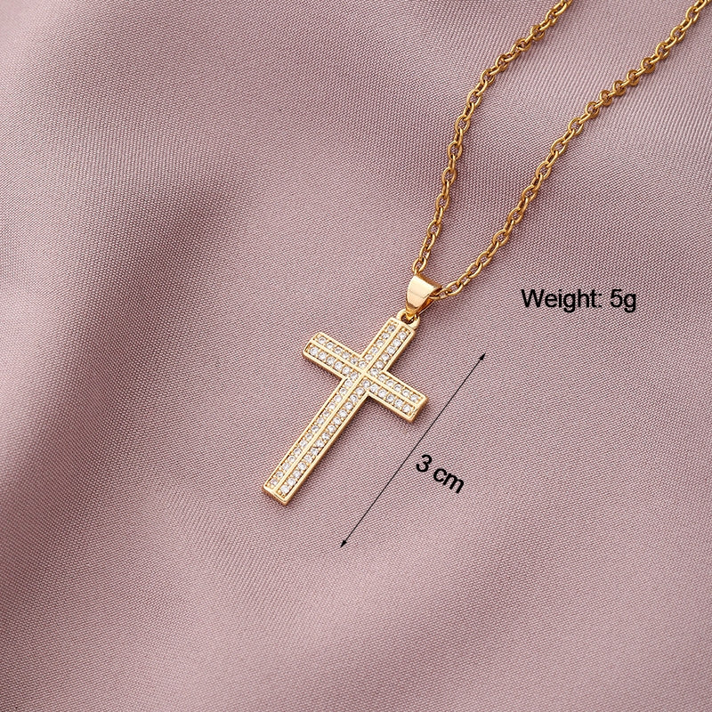 Copper Plated Zircon Cross Pendant Necklace for Men and Women