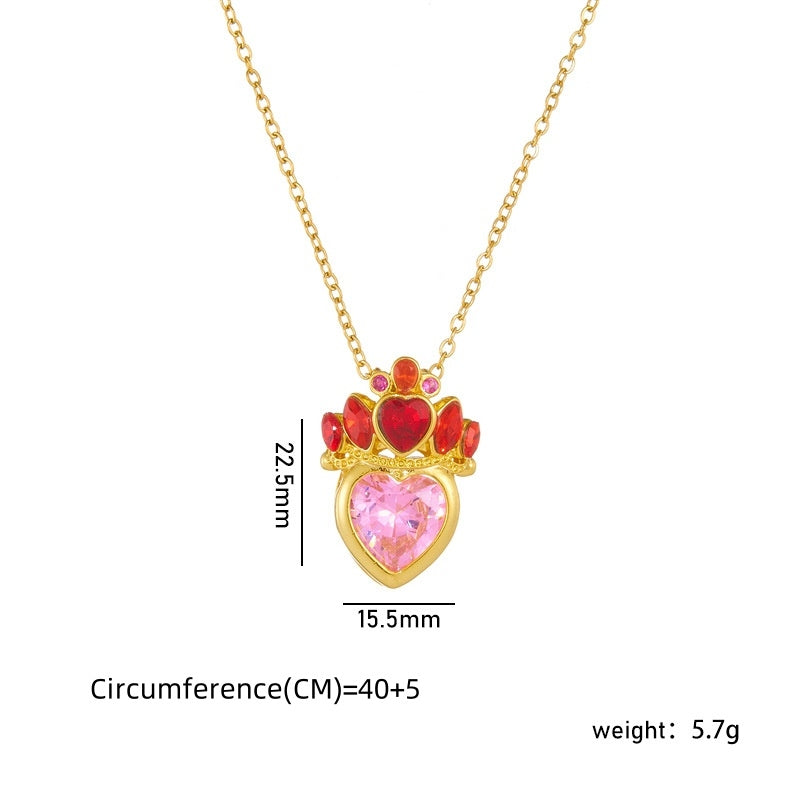 Gold Plated Heart Crown Pendant Necklace - Titanium Steel Pink Clavicle Chain