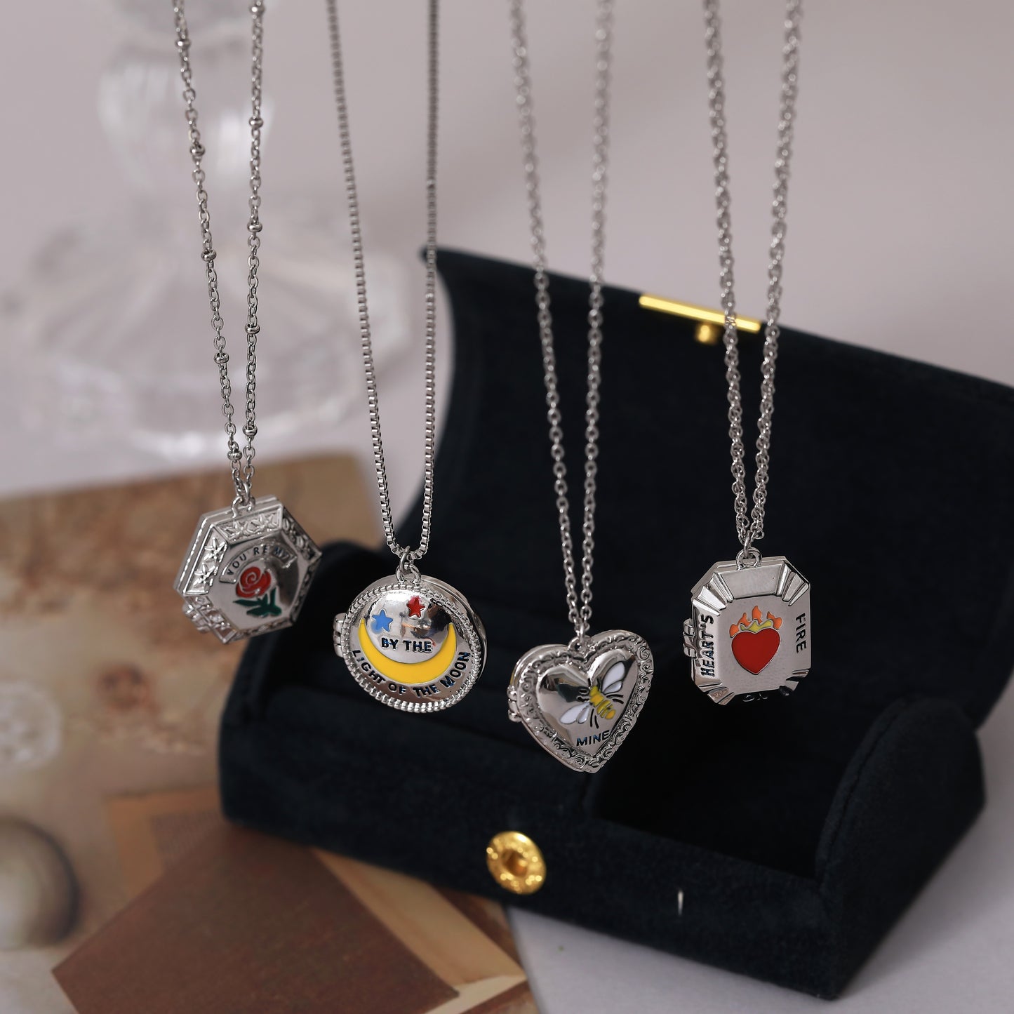 Copper Gold Plated Heart and Moon Photo Locket Necklace with Rose Flower Design