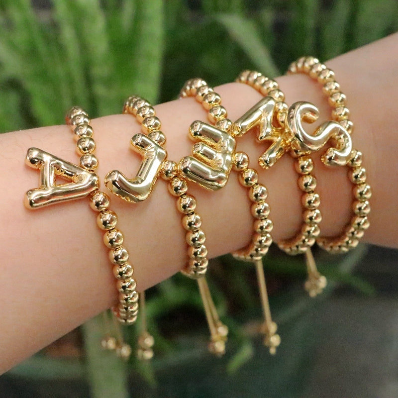 Copper Gold Plated Adjustable Initial Letter Beaded Bracelet for Women