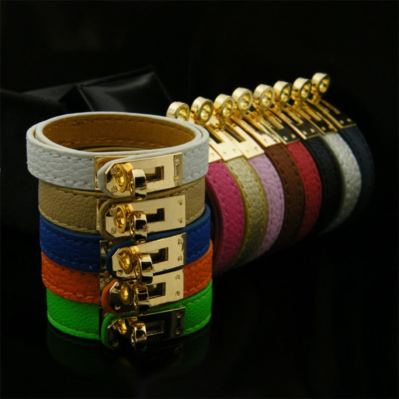 Copper Hip-Hop Retro Patchwork Alloy PU Double Loop Buckle Bracelet