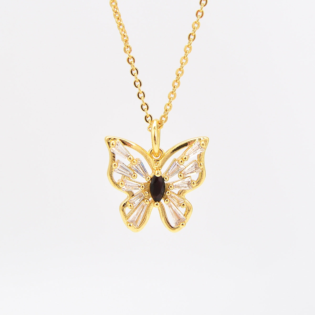 Copper Inlay Butterfly Pendant Necklace with Colorful Marquise Zirconia