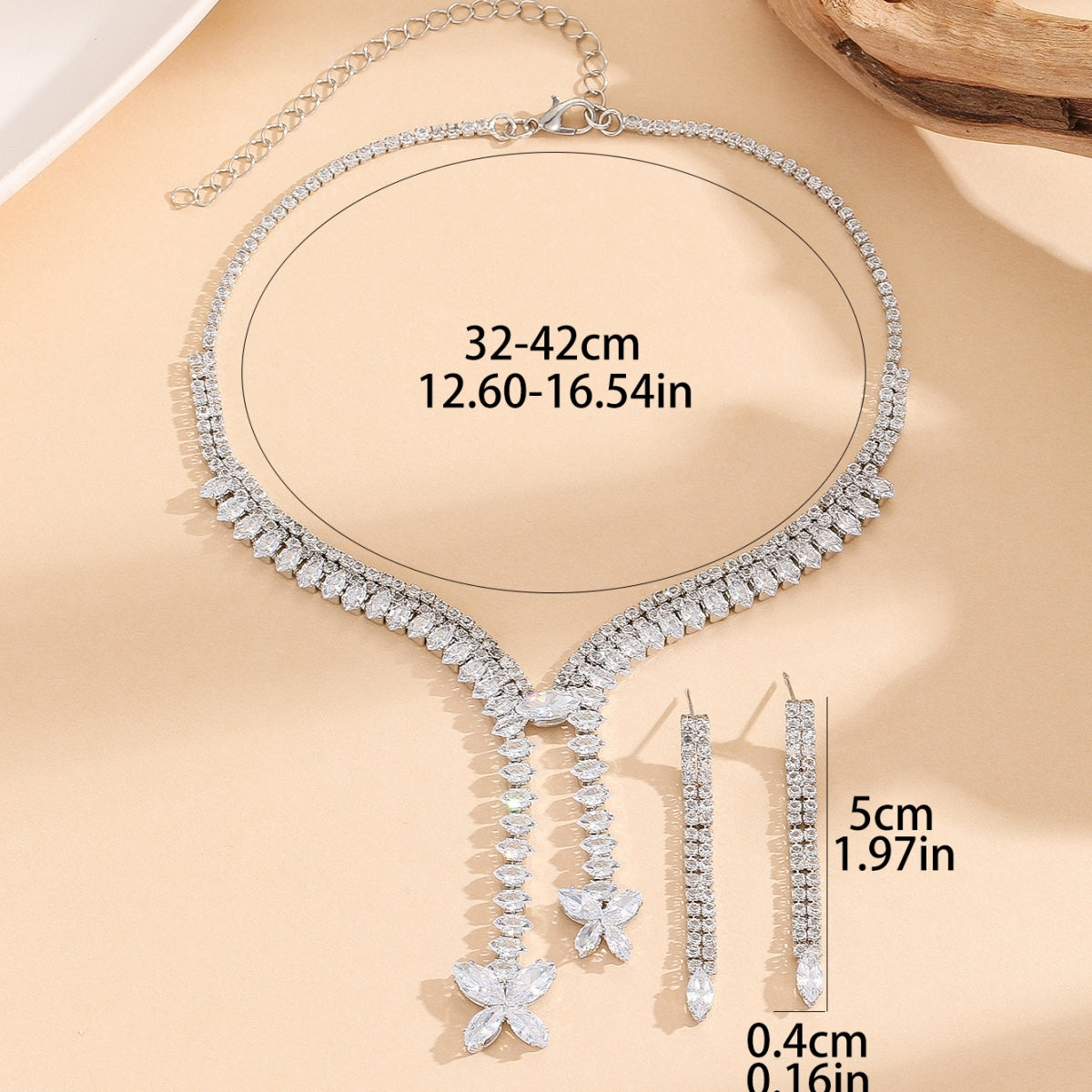 Copper Butterfly Zircon Tassel Necklace and Earring Set for Women