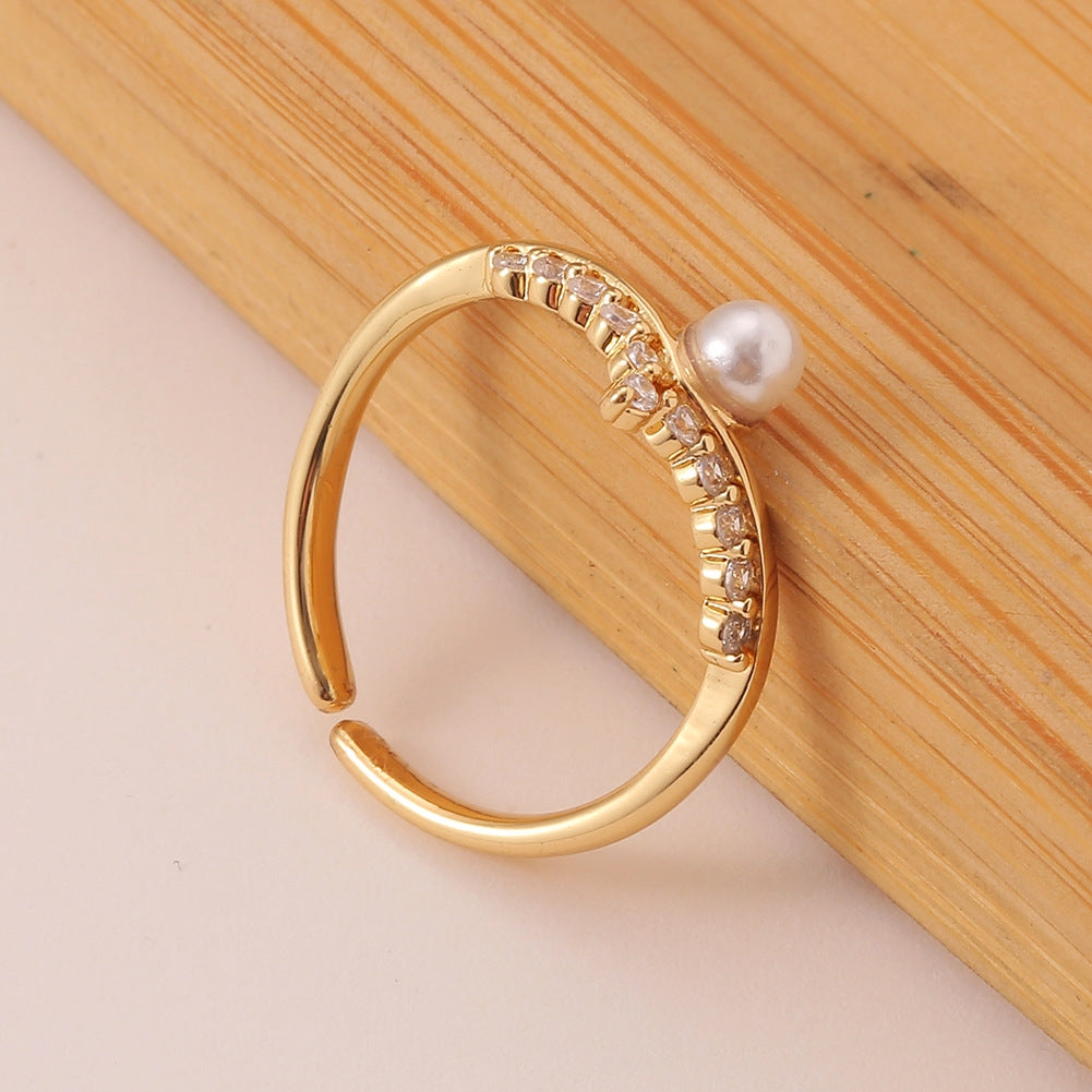 Copper Inlay Zircon Pearl Bohemian Open Ring