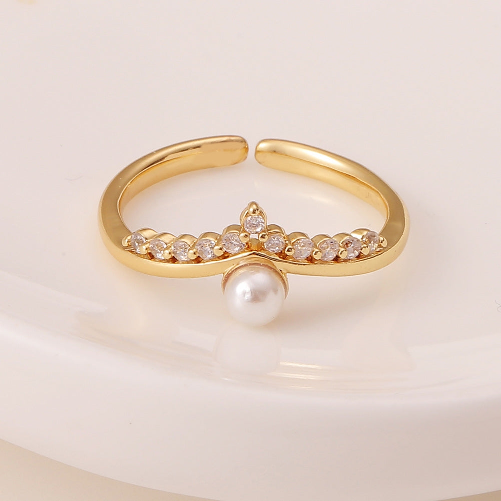 Copper Inlay Zircon Pearl Bohemian Open Ring