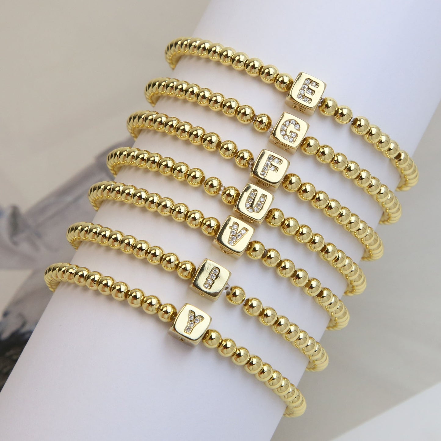 18k Gold Plated Copper Letter Zircon Beaded Stretch Bracelet