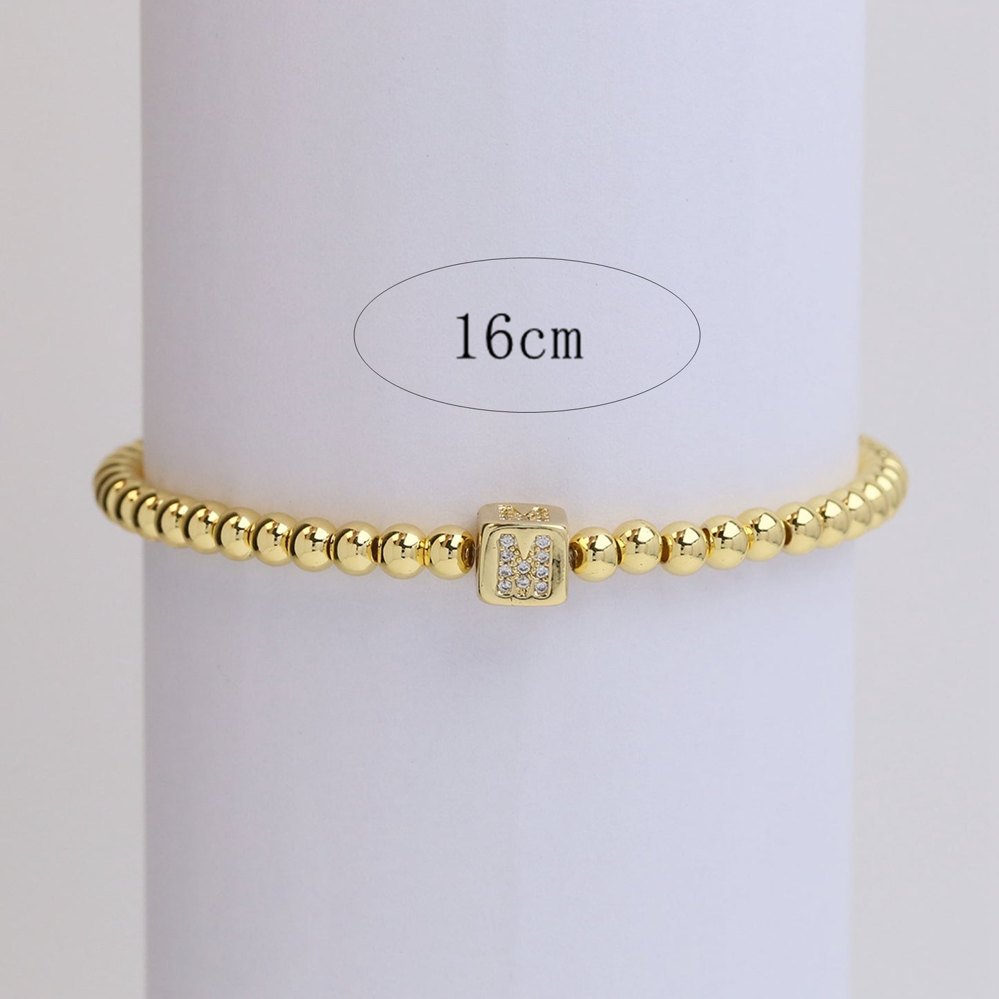 18k Gold Plated Copper Letter Zircon Beaded Stretch Bracelet