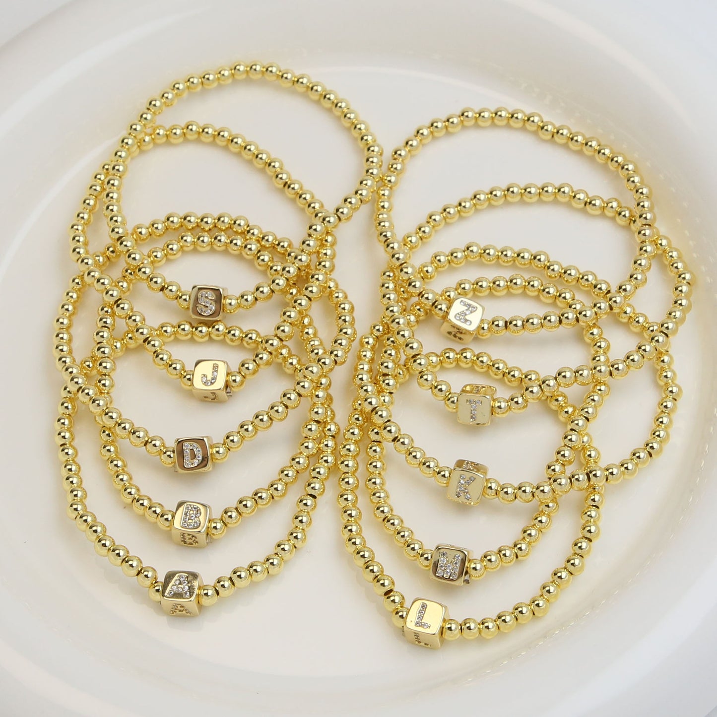 18k Gold Plated Copper Letter Zircon Beaded Stretch Bracelet