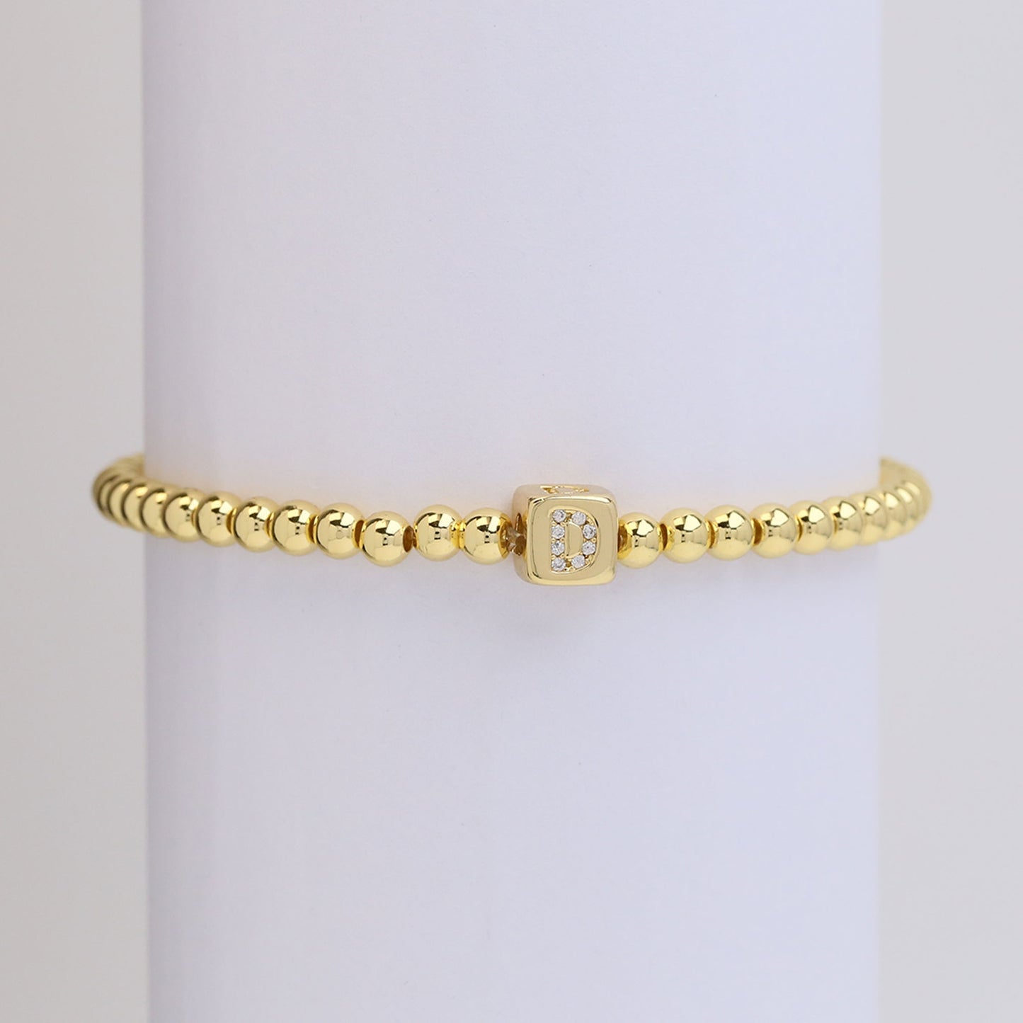 18k Gold Plated Copper Letter Zircon Beaded Stretch Bracelet