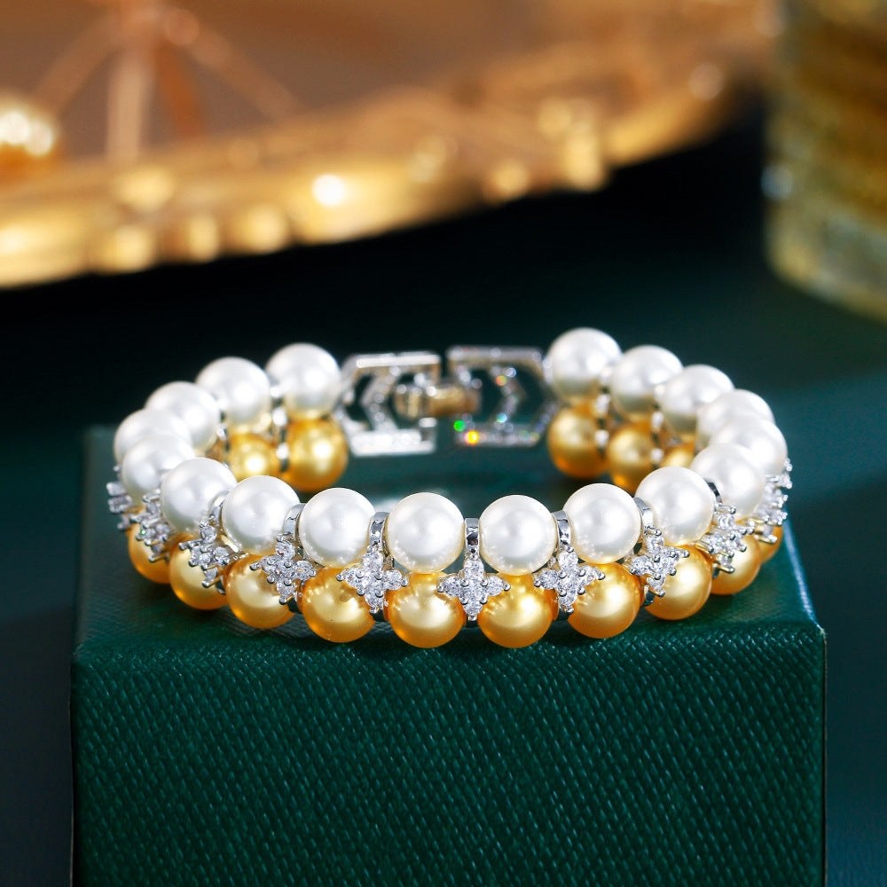 Copper Inlay Multicolor Pearl Zircon Bracelet - Korean Double Pearl Design for Banquet Evening Wear