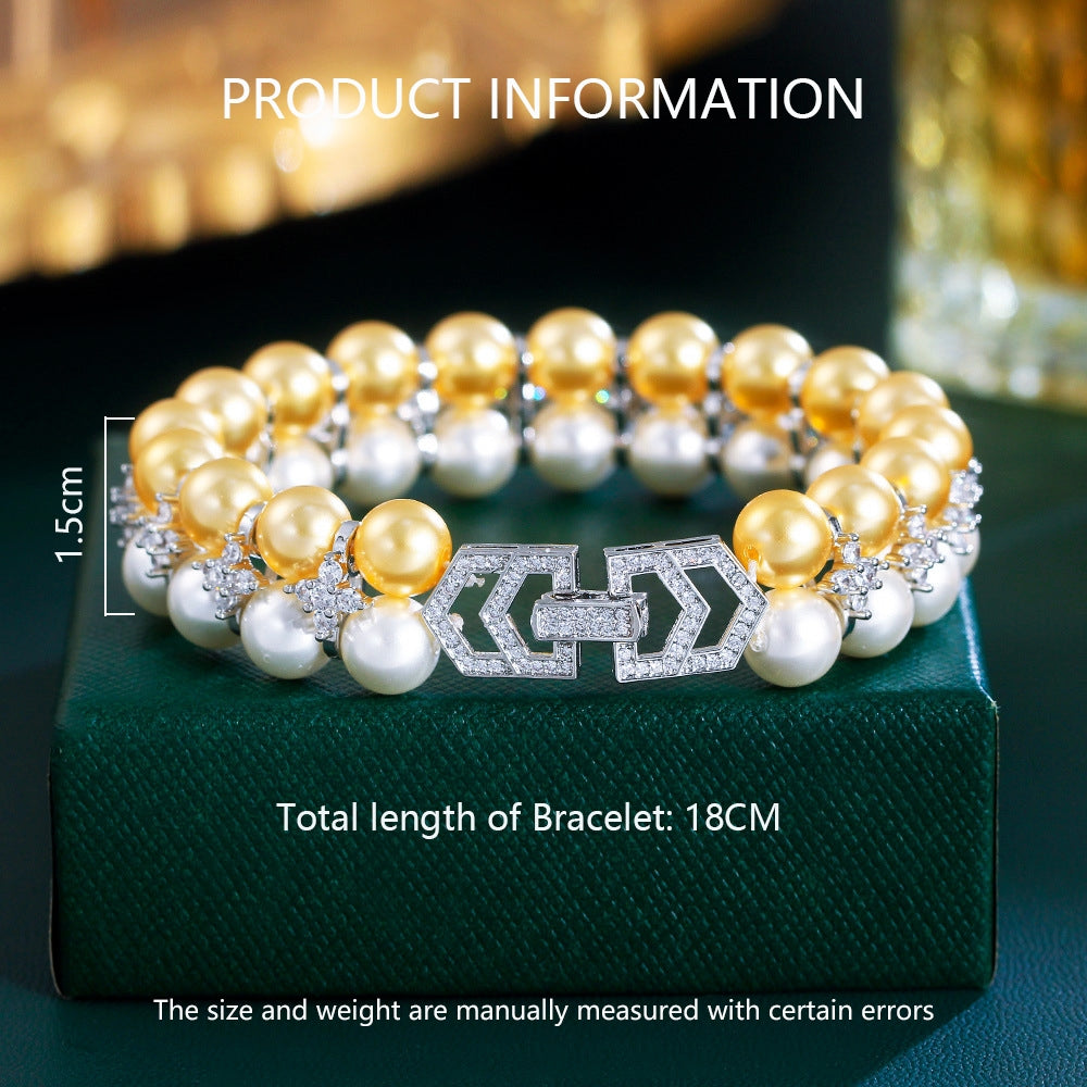 Copper Inlay Multicolor Pearl Zircon Bracelet - Korean Double Pearl Design for Banquet Evening Wear