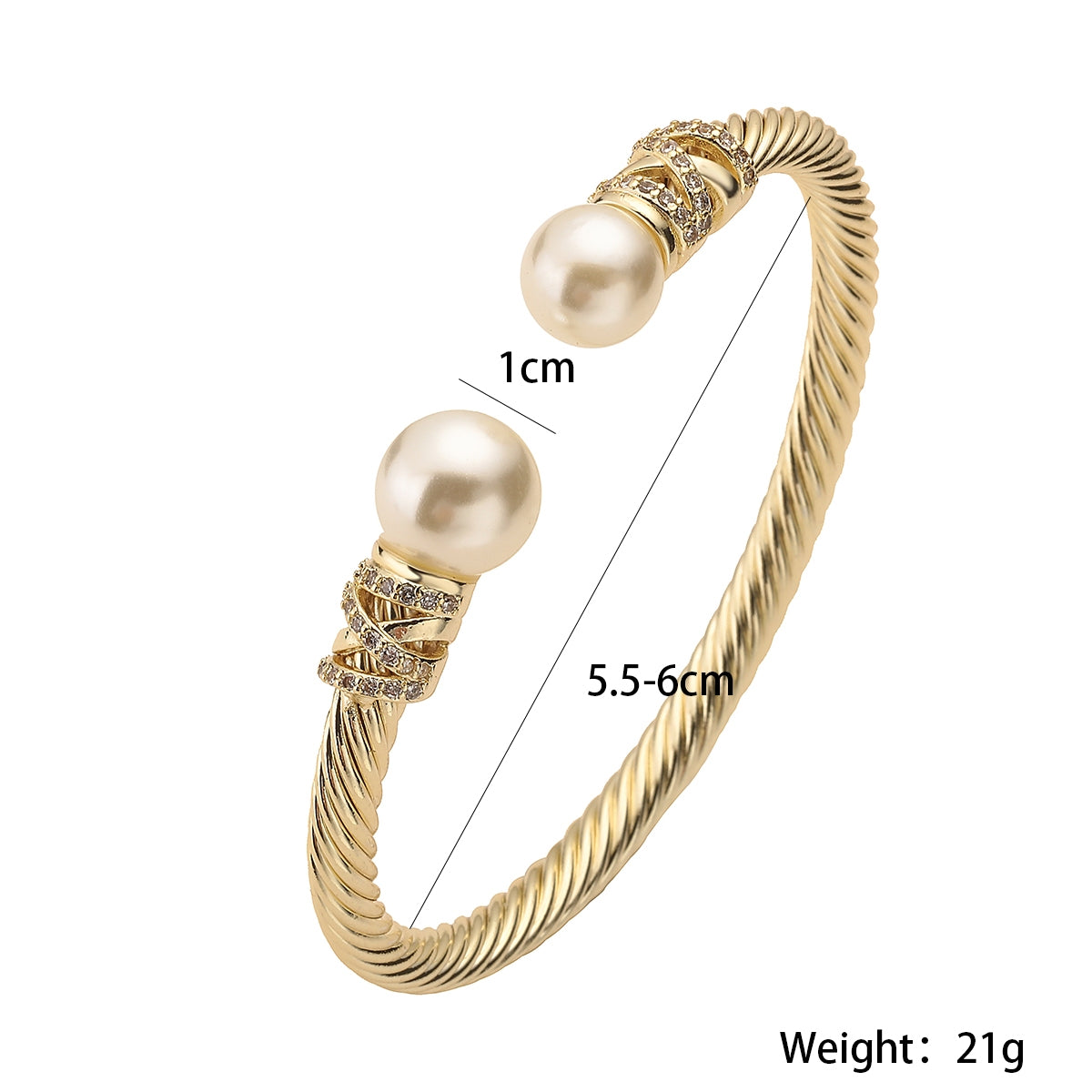 Copper Inlay Zirconia Pearl Open Bangle Bracelet