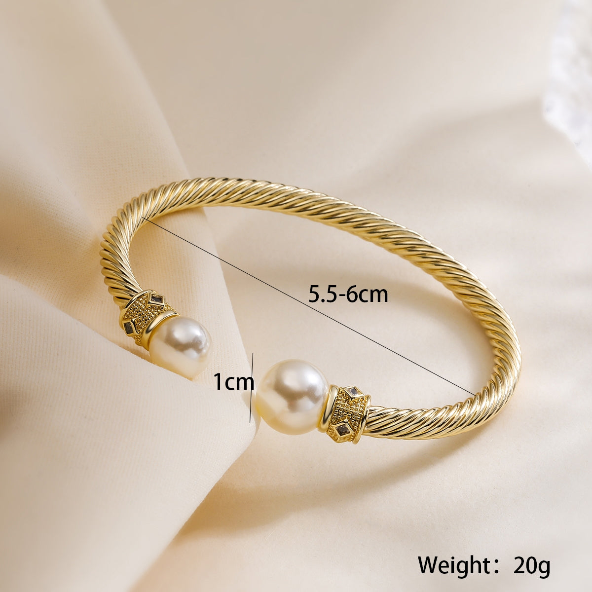 Copper Inlay Zirconia Pearl Open Bangle Bracelet