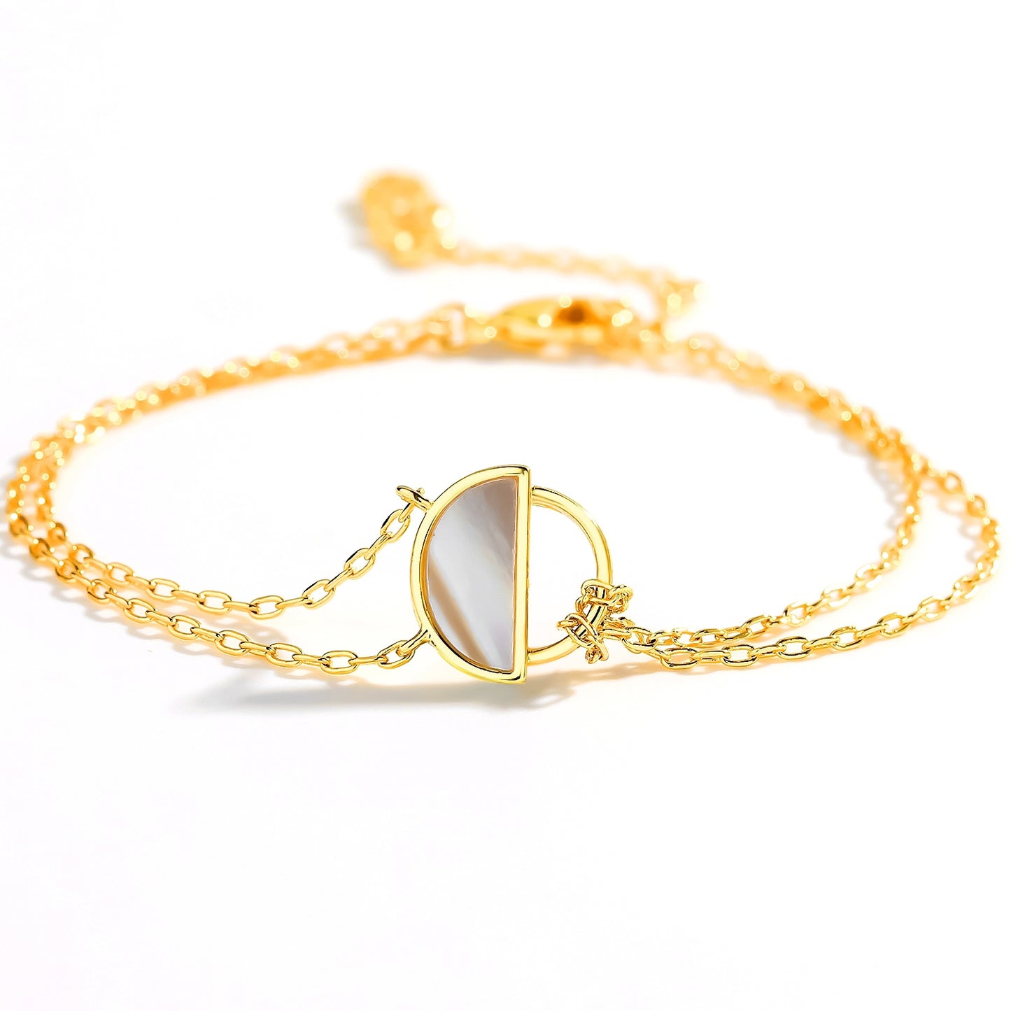 14K Gold Plated Geometric Shell & Mother-of-Pearl Flower Bracelet with Zircon and Diamond Cut-Out Design